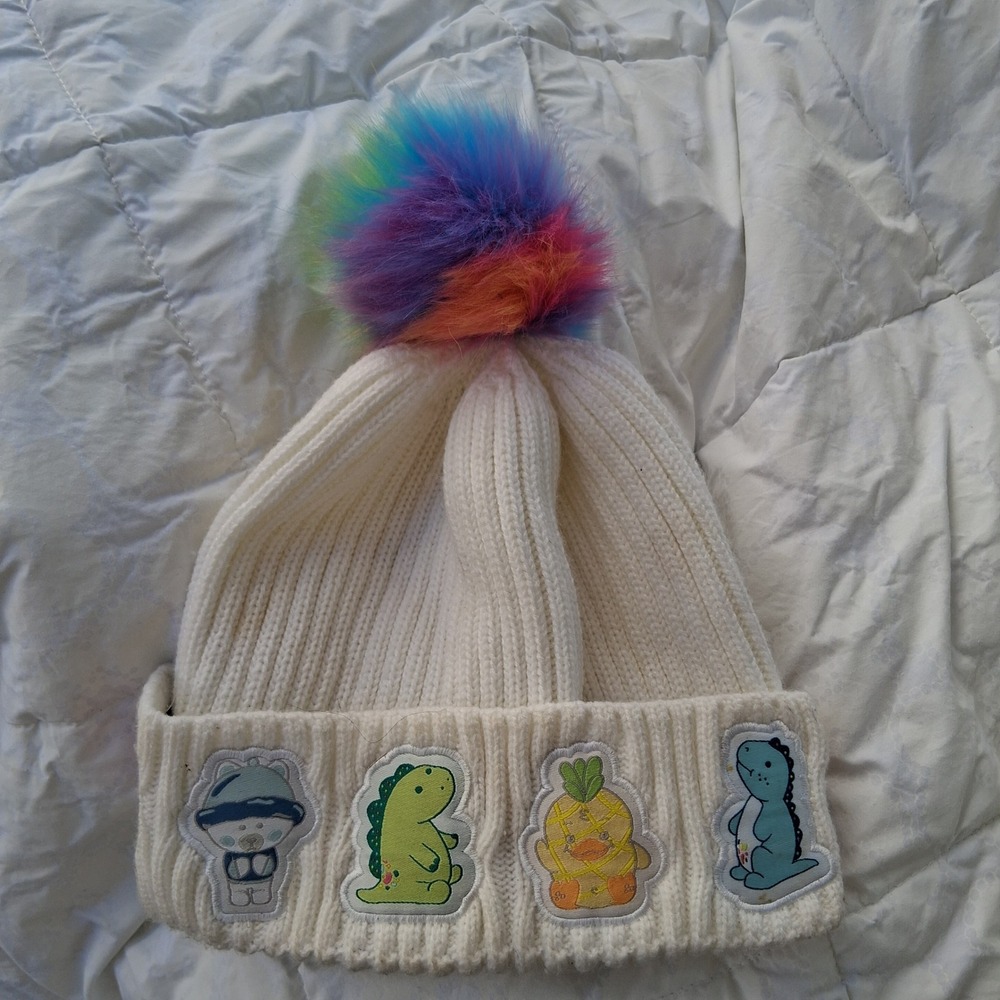 Moriah Elizabeth Kawaii Embroidered Patch Ribbed Knit Beanie Rainbow Pom-Pom Hat